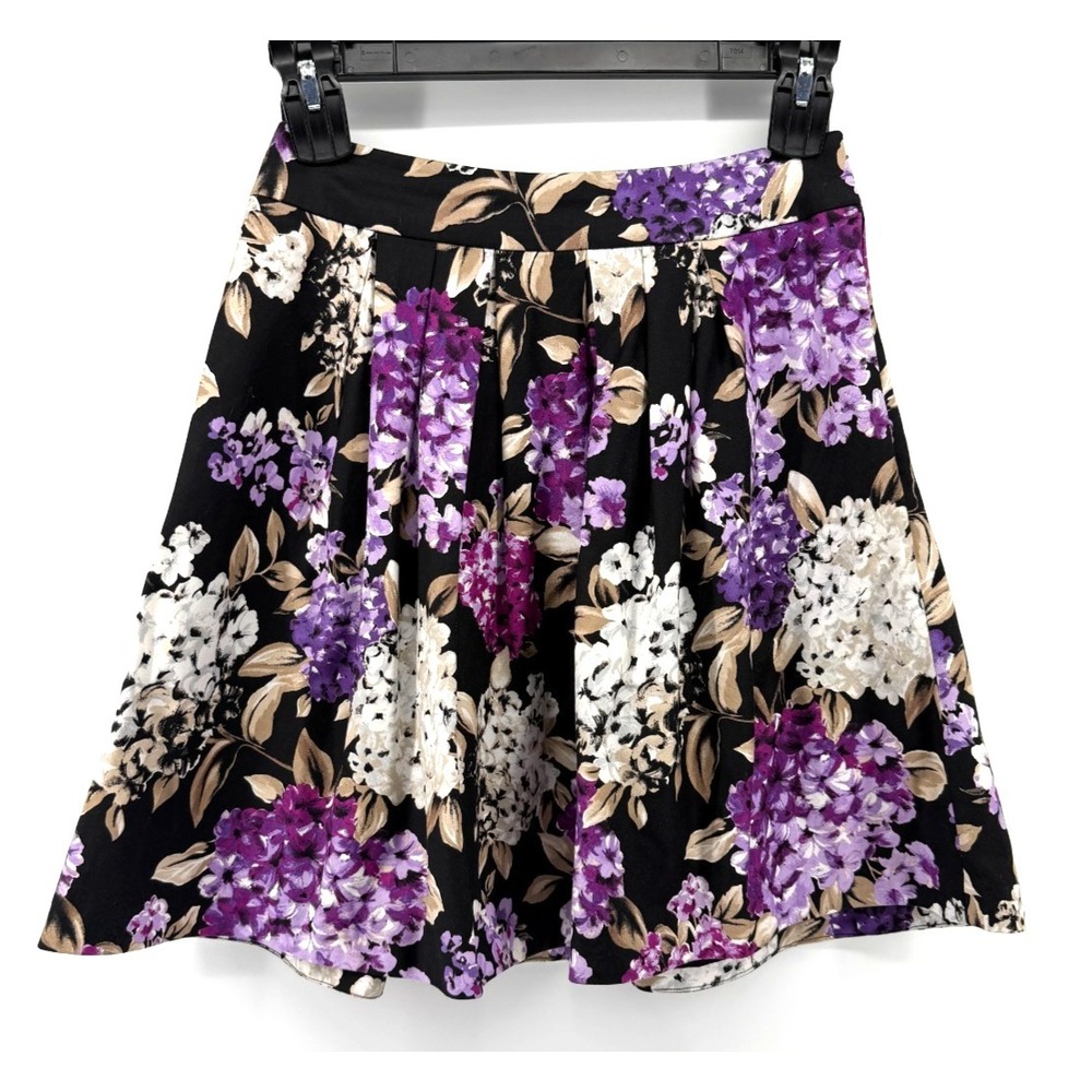White House Black Market Pleated A Line Skirt Purple White Floral Pocket Women 4